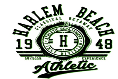 HARLEM BEACH  GREEN ON A RED  T_SHIRT
